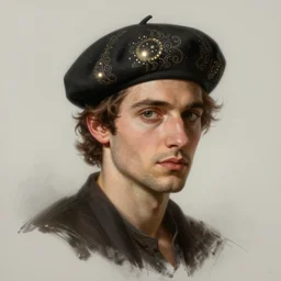 portrait of a male italian artist wearing a beret, intricate, elegant, glowing lights, highly detailed, digital painting, artstation, concept art, smooth, sharp focus, illustration, art by wlop, mars ravelo and greg rutkowski