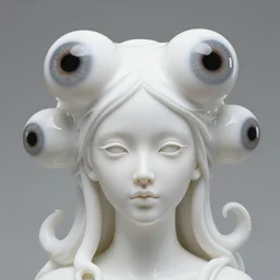 full head and shoulders, beautiful porcelain female person, mixed with giant frog spawn eyes, smooth, delicate facial features, white detailed eyes, white lashes, 3 d white shiny thick, larg tentacles and eyeballs by daniel arsham and james jean