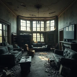 the interior of an abandoned house with furniture and everything in deterioration, style artstation, style greg rutkowsk, comic art book,, octane render, unreal engine 6, epic game graphics, fantasy, post - apocaliptic