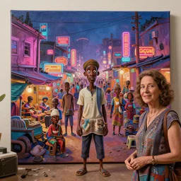 stylish caricature art of a bustling neon lit ajegunle slum in nigeria, photographed by vivian maier, unreal engine 3 d vfx render, digital illustration by mike winkelmann, intricate detail, sharp, volumetric light, ray tracing, soft light, colourful, claymation, wide angle lens, acrylic on canvas, cinestill 8 0 0 t, rule of 3 rds,