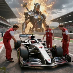 formula one mechanic works on car, wide shot, art by legends of runeterra and tomasz jedruszek and gabor szikszai, trending on artstation, unreal engine