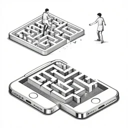 isometric views of an iphone maze, detailed, editorial illustration, halftone texture, risograph, dynamic pose, matte print, grainy light, ( ( dither ) ). [ abstract background! ], high contrast, silver + red + black + beige, screen print
