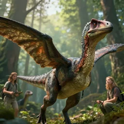 feathered dinosaur, closeup, prehistoric forest, natural lighting, god rays, clearing, octane render, lois van baarle, emily willoughby, gabriel ugueto, 1 6 k