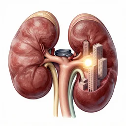 cutaway drawing, medical textbook style, a gnomish city inside of a kidney, filled with light, ultrasharp detailed