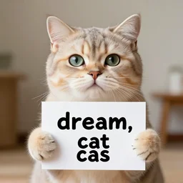 realistic high quality photo of a cute cat holding a sign with text that reads : dream, cat, cas