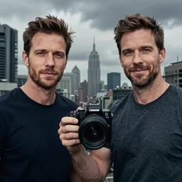 cinestill 5 0 d, f / 3 2, ultra realistic faces, marques brownlee tech youtuber youtube reviewer, mid shot overlooking dystopian city cloudy day moody vibe