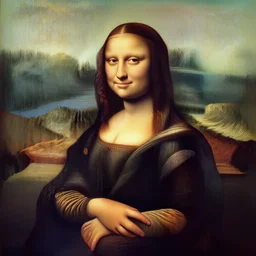 a portrait of a woman painted by leonardo da vinci. the woman in the painting is shown seated with her hands folded in her lap. she is wearing a simple dress with a pattern of flowers. her hair is pulled back from her face and she has a small, faint smile. the background of the painting is a landscape of rolling hills and mountains. the sky is a light blue