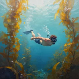 a beautiful painting of a swimming man snorkeling underwater in a breathtaking kelp forest, soft pastels, cinematic shot, wide angle, smooth, volumetric lighting, perfect scale, vibrant, digital art, famous artist, trending on artstation