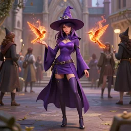 Young petite beautiful woman in slim purple witch robes and pointy hat at a crowded magical university, a flaming magical hummingbird pet, full body shot unreal engine hyperreallistic render 8k character masterpiece digital art, cell shader shading, raytracing, comic art, manga, trending on Artstation, CGSociety