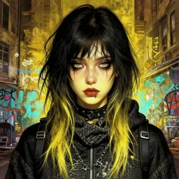 highly detailed portrait of a moody sewerpunk young adult lady with a harris tweed holdy by krenz cushart, by artem demura, by alphonse mucha, by kaethe butcher, gradient yellow, black, brown and cyan color scheme, grunge aesthetic!!! ( ( graffiti tag city background ) )