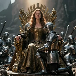 film still of closeup a woman sitting on a throne. knight standing on a knee. a mountain of dead knights. by emmanuel lubezki