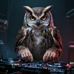 an owl dj making techno music, futuristic, dramatic, very detailed, trending on artstation