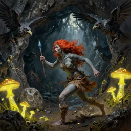 photorealistic painting of a red haired neanderthal woman with grey skin holding a small blue spear running through dark underground caves fleeing from humanoid bird monsters, neon yellow glowing mushrooms, in the style of henry fuseli and beksinski