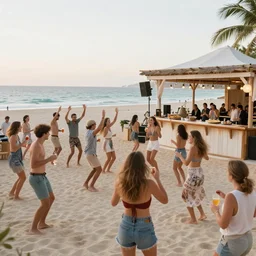 everyone dancing at a party at the beach, drinking, food, bar, music, resort, praising the sun, golden hour, cinematic, atmospheric, 8k resolution, Hyperrealistic