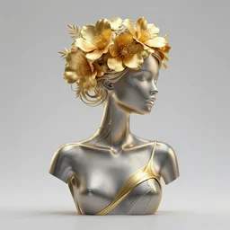 upper body silhouette of a woman made out of metal and gold with flowers on her head. artwork. trending on artstation.