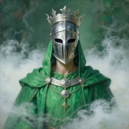 portrait of a divine helmet knight dressed in green robes and helmet, silver crown, runes, jewelry, mystical, ethereal, magical white fog, painting by greg rutkowski and alphonse mucha