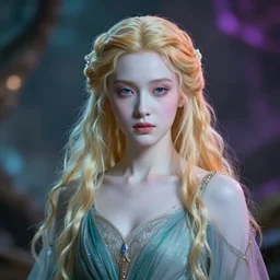 concept art portrait of ethereal beauty, smooth porcelain skin, mystical vibrant colors in the bokeh background, colors goddess, elegant dress, in the style of the lord of the rings, cinematic colors, high details, sharp focus, artstation, gorgeous hair, 8 k