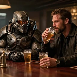 doom slayer, master chief, marcus fenix, drinking in a bar together having a good time, High Definition detail, 8K, photography