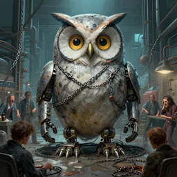 Digital art of Giant Robot Owl in a factory full of Humans. Portrait of Humans in intricate chains, despair and agony by Greg Rutkowski and Thomas Kinkade, artstation
