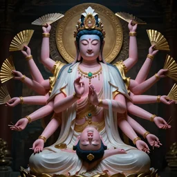 the character design in chinese mythology, guanyin bodhisattva, blue and pink skin, dark hair upside down, agate jewelry necklace, gold silk and flowers with crown, the twelve hands were fanned out symmetrically, white silk coat, symmetrical, by craig mullins, greg rutkowski, fenghua zhong, pete morbacher, buddhism, religion light, khaki and gold and dark scheme, artstation, ultra detailed, cinematic lighting, ominous, depth of field, cgsociety, artgerm, rendering by octane, unreal engine,