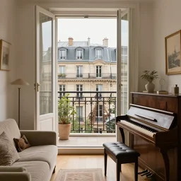 Cosy parisian studio apartment with a balcony and roof window, decorated with vintage furniture and old acoustic piano, with eiffel view