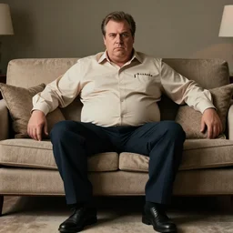 full body photo of steve, mature male, mysterious face. he is a doctor. he is sitting gracefully on a sofa, elegant fat beige shirt. he has enormous belly
