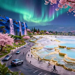 luxurios advanced cyberpunk plaza with high tech cars driveway and pedestrians biking along pamukkale thermal waters flowing down gold travertine terraces in royal blue antelope canyon during sakura season on an interstellar aurora borealis, pink waterfalls, lush japanese garden, by peter mohrbacher, james jean, james gilleard, greg rutkowski, vincent di fate, rule of thirds, octane render, beautiful landscape