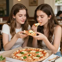 two!!!!! young beautiful women sitting at a long take sharing a pizza margherita : one is queen margherita of savoy, the other is sophia loren. the one queen has intricate tiara and pearl necklace. smooth lighting, masterpiece, timeless, genious composition