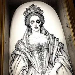 in the tomb of empress sissi, vienna, austria, beautiful woman, zombie, pen and ink, line art