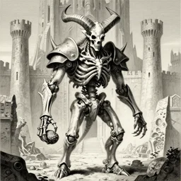 a spiked horned detailed semiork - semihuman skeleton with armored joints stands in a large castle with a pebble in hands. wearing massive shoulderplates. art by kentaro miura and philippe druillet. extremely high details, fantasy art, engraving, masterpiece, bones, artstation contest winner