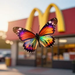a colorful butterfly at mcdonald's, golden hour, bokeh, colorful, chroma, underdimensional, everdimensional, fast food