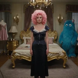 A 1976 high resolution, wide shot, cinematic movie scene. A woman in the foreground has a giant pink hairstyle. She is standing in a nightgown as a house wife in an ornate Gucci fashion photoshoot bedroom. There is posh gold furniture and a blue fluffy monster with glowing eyes. The photograph has a moody atmosphere