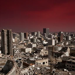 a vast destroyed city after a battle with a dark red sky