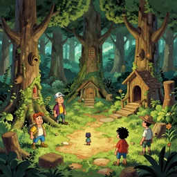 photo cartoon illustration comics manga painting of woodenvironement : 6 fantasy environement, digital painting, unreal engine, 8 k, volumetric lighting, contrast by john kirby by carl warner and jim woodring, trending on artstation