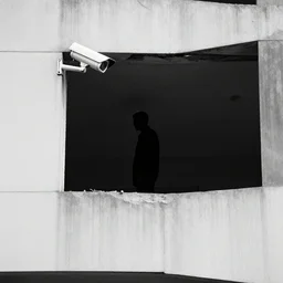 black and white security camera image of a black silhouette of a man caught in an abandoned brutalism structure
