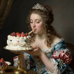 baroque rococo painting portrait woman admires cake by Greg Hildebrandt high detail elaborate fancy cake