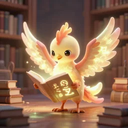 a cute adorable magical glowing phoenix fledgling learning to read in a library, the books glow with runes and magic, and the light from the flaming bird illuminates the dark and dusty library. An ominious feeling approaches