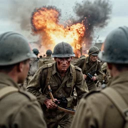 a rare 1 9 4 4 close - up photograph of a group of soldiers on the battlefield, ww 2, graphic, explosions, bloody,, dirty, grainy