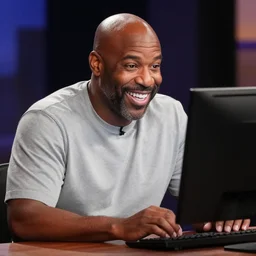 Steve harvey happily staring at a computer