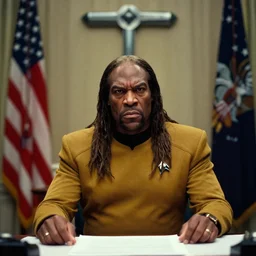 worf from star trek as president of the united states, in the oval office, batleth hanging on wall, angry, ( ( photograph ) ), moody, realistic, detailed, skin tinted a warm tone