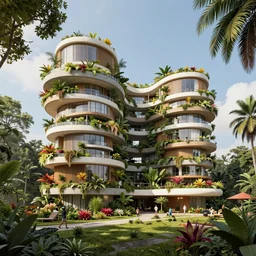 beautiful sustainable apartment complex, built in amazon rainforest, a fusion of frank gehry, zaha hadid, hr geiger, and modern architecture, surrounded by tropical, colourful plants, natural volumetric lighting, realistic high detail 4 k render