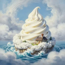 gouache painting of cottage on an island, spirals, white, fog swirly clouds, soft serve, ice cream, lush, spin, foam, braid, dreamy, whirlpool, creamy froth, volumetric light, cinematic, wide angle, octane render, high details, waves, knife painting, saturated, rhads, anton fadeev, ghibli, trending on artstation