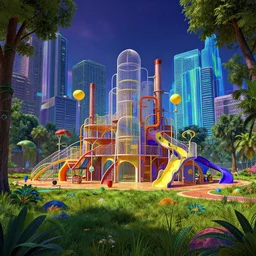 a beautiful photorealistic rendering of architecture city playground industrial architecture by pierre de meuron, thermal imaging futuristic extraterrestial bioshock retro retrowave forest dieselpunk scumm bar meadow, archdaily, wallpaper, highly detailed, trending on artstation.