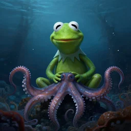 epic professional digital art of kermit the frog underwater, faint blue moody atmospheric lighting, underwater octopod life, painted, intricate, detailed, foreboding, by leesha hannigan, wayne haag, reyna rochin, ignacio fernandez rios, mark ryden, iris van herpen,, epic, stunning, gorgeous, much wow, cinematic, masterpiece.