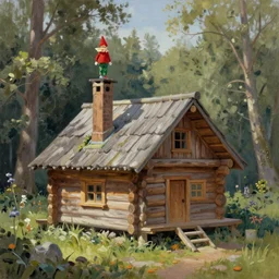 elf magical forest wood cabin with a chimney, oil painting