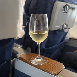 looking down at my glass of wine in premium economy, aeroplane seat, photorealism, highly detailed, wooden armrest