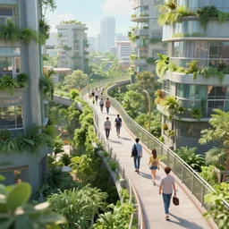 a close up shot of people walking through a utopian city walkway on top of buildings, green plants