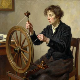 A 50 year old woman who looks like Barbara Streisand is spinning yarn on a spinning wheel, by john singer sargent