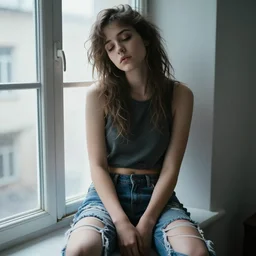 photography of a beautiful sleepy punk girl sitting at a window, wearing crop top and torn short pants, pretty face, Glamor Shot, Magnification, 8K, Lonely, Accent Lighting, De-Noise, symmetrical face, hyper-realistic