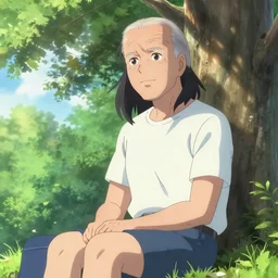 photorealistic Joe Biden as a young anime girl sitting under a tree, anime key visual, digital art, anime screenshot, kyoto animation, makoto shinkai, trending on artstation